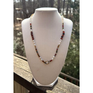 NWT Rada Italy Hand Embroidered River Pearl Necklace w/ Gemstones Gold Tone